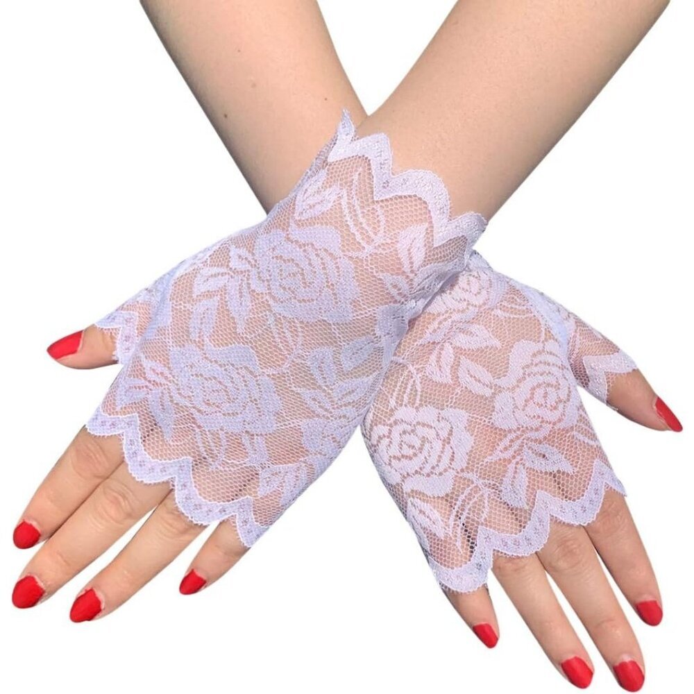 Women's Fancy Wrist White Short Lace Half Fingerless Gloves Wedding Party Tea